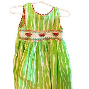 Green and White Striped Smocked Dress with Watermelon